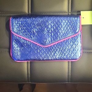 Metallic Blue with hot pink piping envelope clutch with protection bag